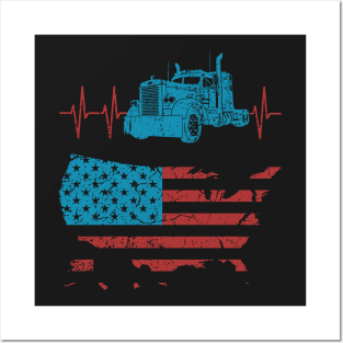 Truck Driver Heartbeat Vintage American Flag Posters and Art